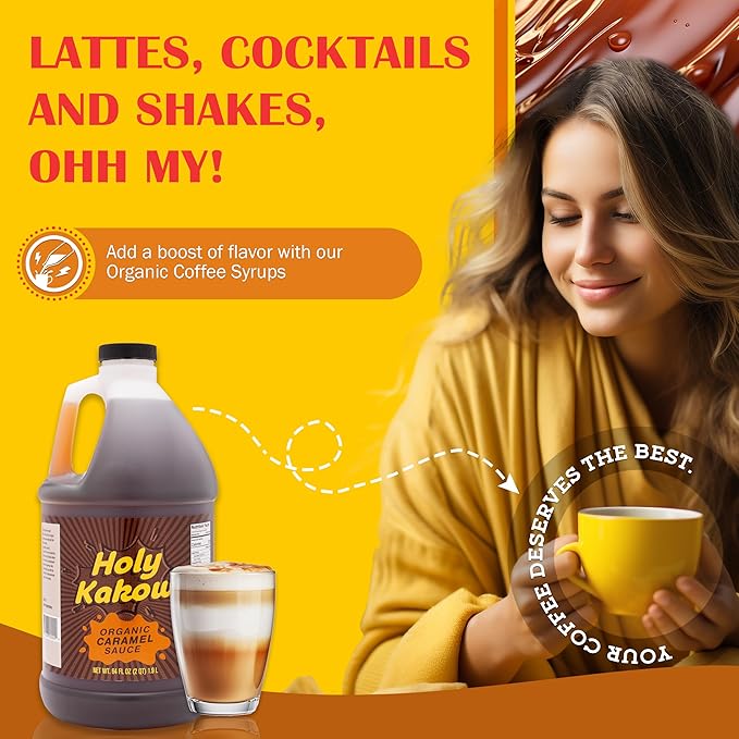 Holy Kakow Organic Caramel Sauce - Caramel Sauce for Coffee, Caramel Drizzle, Vegan Caramel Sauce, Keto Caramel Sauce for Ice Cream, Dairy-Free Caramel Sauce, Gluten-Free, Allergen-Free - 64 Oz