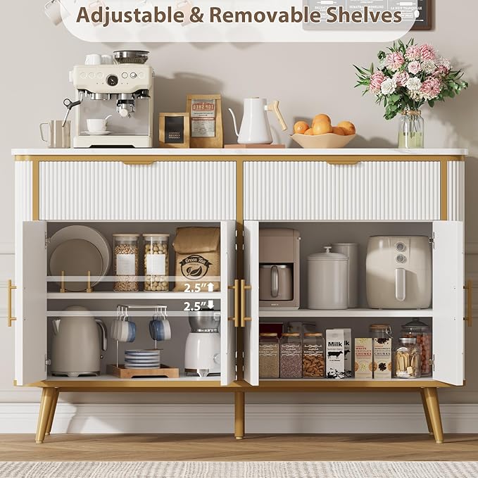 47.2" Buffet Storage Cabinet, Modern Fluted Coffee Bar Station with 2 Drawers & Adjustable Shelves, Kitchen Sideboard Buffet for Dining Room, Living Room, Hallway, White