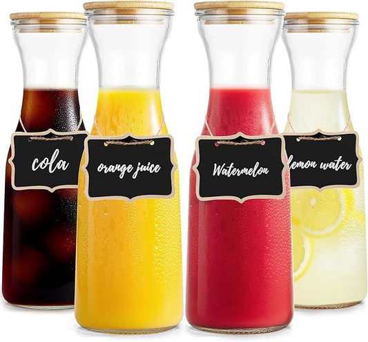 Glass Carafe with Bamboo Lid,35 Oz Beverage Dispensers Carafe,Mimosa Bar Supplies,Clear Glass Pitcher with Name Labels for Iced Tea,Coffee,Juice(Set of 4)