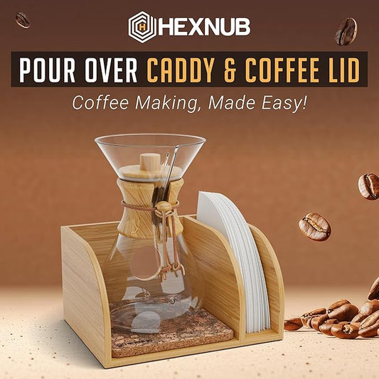 HEXNUB – Caddy and Lid for Pour Over Coffee Maker, Bamboo Stand fits Chemex, Bodum, Cosori Coffee Carafes, Heatproof Mat, Filter Holder for Drip Coffee Maker - Cork Mat