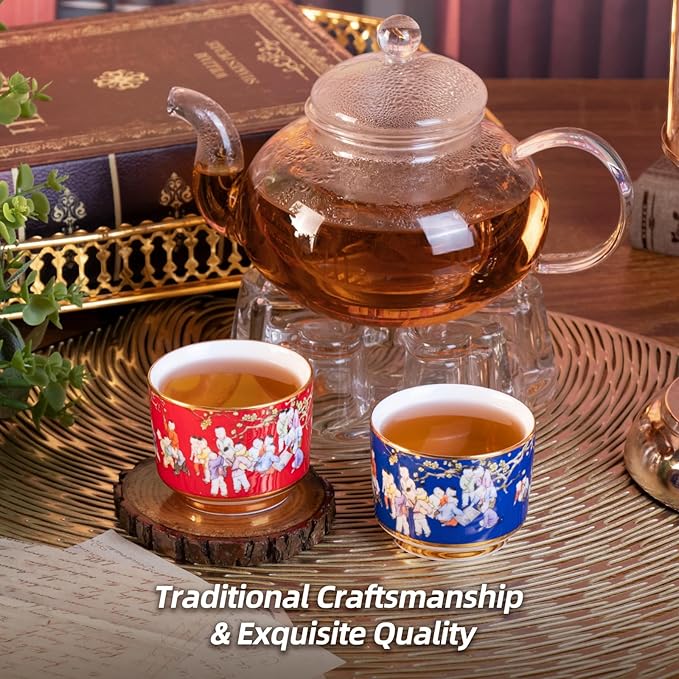 KAMMAK Tea Cups Set of 2, 3.53 Mini Ceramic & Porcelain Tea Mugs - Handleless Vintage, Non-Toxic Handcrafted Cups for Juice, Coffee, Gift(Red+Blue)