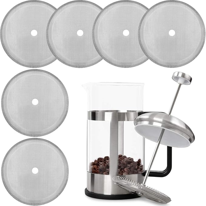 Boao 6 Packs French Press Replacement Cafetiere Filter Mesh Screen Coffee French Press Filters, 4 Inch Stainless Steel Reusable, for 8 Cup/ 34 OZ/ 1000 ml Coffee Tea Makers