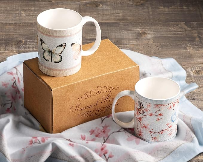 Maison d' Hermine Coffee Mug with Handles Fine Bone China Mugs Pack of Two Tea Cups for Hot Beverages Cappuccino Latte Home Restaurant Office Perfect for Gift (Blossoms In Spring, 15 Ounce)