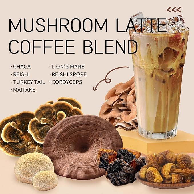 7 in 1 Mushroom Coffee Mix, Instant Latte Coffee Blend Nootropic Cafe Complex with Reishi, Lion’s Mane, Chaga, Turkey Tail, Maitake, Cordyceps for Energy Focus Immune Boost (12 Servings)