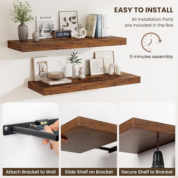 Fun Memories 12 Inch Deep Floating Shelves for Wall, 30 Inch Long Floating Shelf, 30 x 12 Shelf for Wall, Rustic Wood Bookshelves, Hanging Shelves for Bathroom Kitchen Bedroom, Rustic Brown, Set of 2