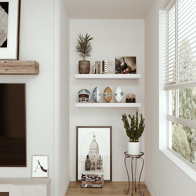 Vivelove Floating Shelves for Wall 24 inchs Long, 9.1” deep Wall Shelf for Bedroom, Bathroom, Living Room, Kitchen, Office Home Decor, Deep Wood Shelves with Invisible Brackets, Set of 2 White