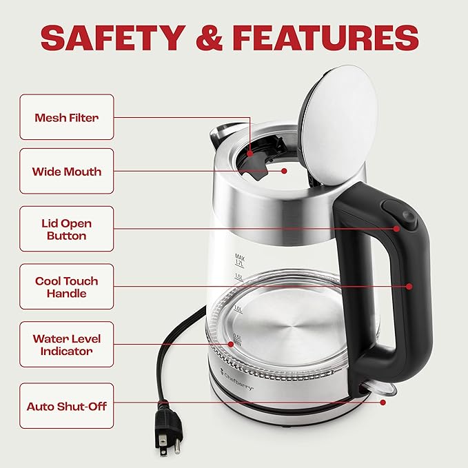 Electric Kettle for Boiling Hot Tea & Water | 1.7L Stainless Steel Borosilicate Glass Boiler With No Plastic, Automatic Shutoff, BPA Free, Fast Heating Technology (Black)
