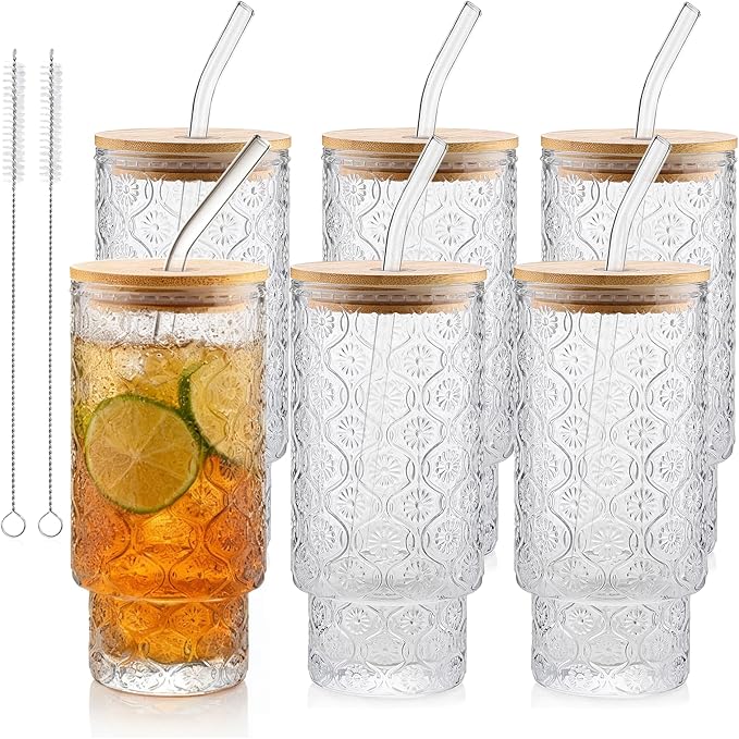 Vintage Glass Cups With Bamboo Lids And Straws 16 Oz,Vintage Tumbler Embossed Floral Glass Cups Set For Whiskey Cocktail, Beer, Iced Coffee Cups, 6pack