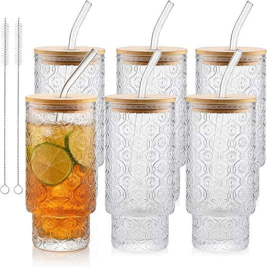 Vintage Glass Cups With Bamboo Lids And Straws 16 Oz,Vintage Tumbler Embossed Floral Glass Cups Set For Whiskey Cocktail, Beer, Iced Coffee Cups, 6pack