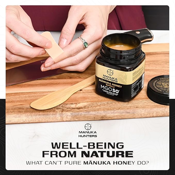 Manuka Hunters/MGO 50+ Certified New Zealand Manuka Honey - 100% Pure Natural Sweetener - Gluten, Dairy Free - Ideal for Tea, Coffee, Smoothies, and Baking - Sustainable - 8.8oz/250g Jar