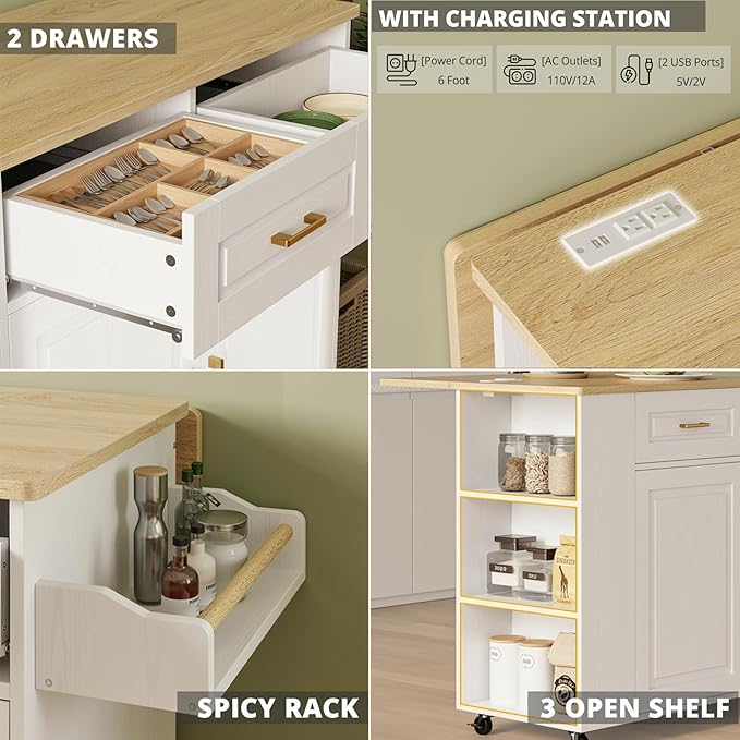 IRONCK Kitchen Island with Power Outlet & Drop Leaf, 47.2" Width Rolling Kitchen Island on Wheels with Storage, Mobile Kitchen Island Cart with Spice Rack, Open Shelves and Drawer, White