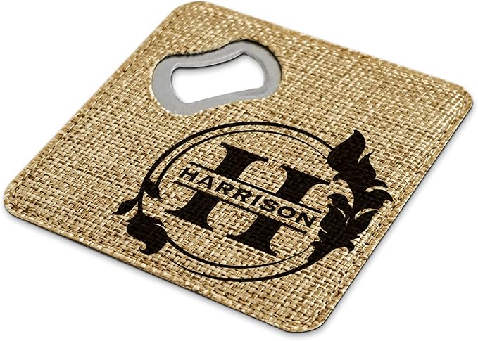 Smile Art Design Family Custom Monogram Coaster Bottle Opener Burlap Material Family Name and Date Personalized Prints Personalized Gifts House Warming Wedding Gift Rustic Decor Style1