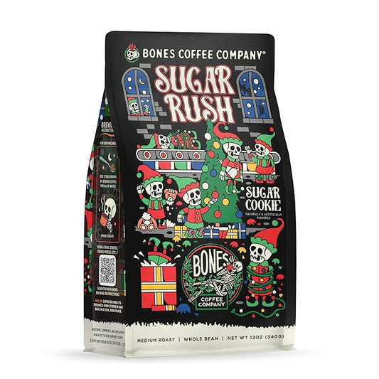 Bones Coffee Company Sugar Rush, Sugar Cookies Flavored Coffee, Medium Roast Low Acid Arabica Beans Compatible with Auto drip and French Press Coffee Maker, 12 Oz Whole Bean
