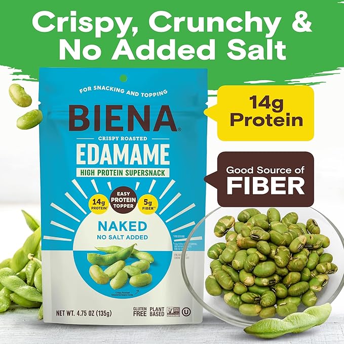 Biena Crispy Roasted Edamame Beans Snack – Naked – No Salt Low Sodium High Protein Snack for Adults & Kids, 14g Protein per Serving – Sugar/Oil/Salt Free – Vegan, Low Carb, Gluten-Free – 3-Pack 4.75oz