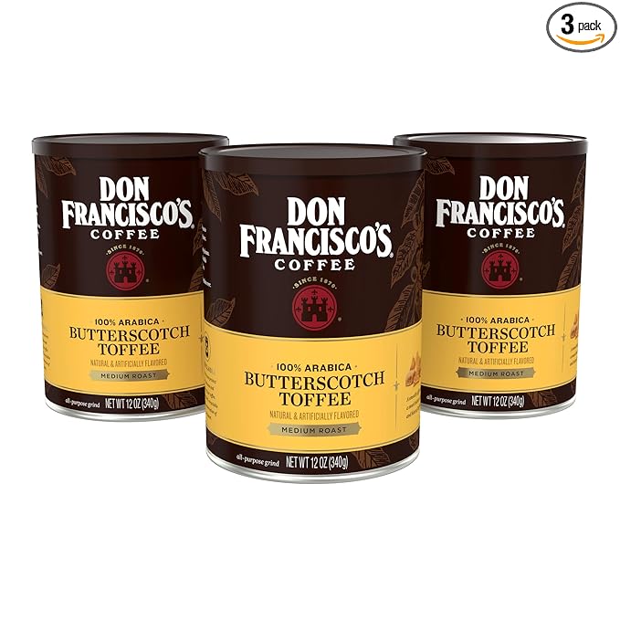 Don Francisco's Butterscotch Toffee Ground Flavored Coffee: Rich 100% Arabica Beans with Sweet Buttery Aroma - Family-Crafted for Delightful Mornings (3 x 12 oz Cans)