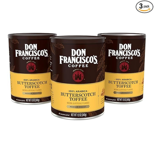 Don Francisco's Butterscotch Toffee Ground Flavored Coffee: Rich 100% Arabica Beans with Sweet Buttery Aroma - Family-Crafted for Delightful Mornings (3 x 12 oz Cans)