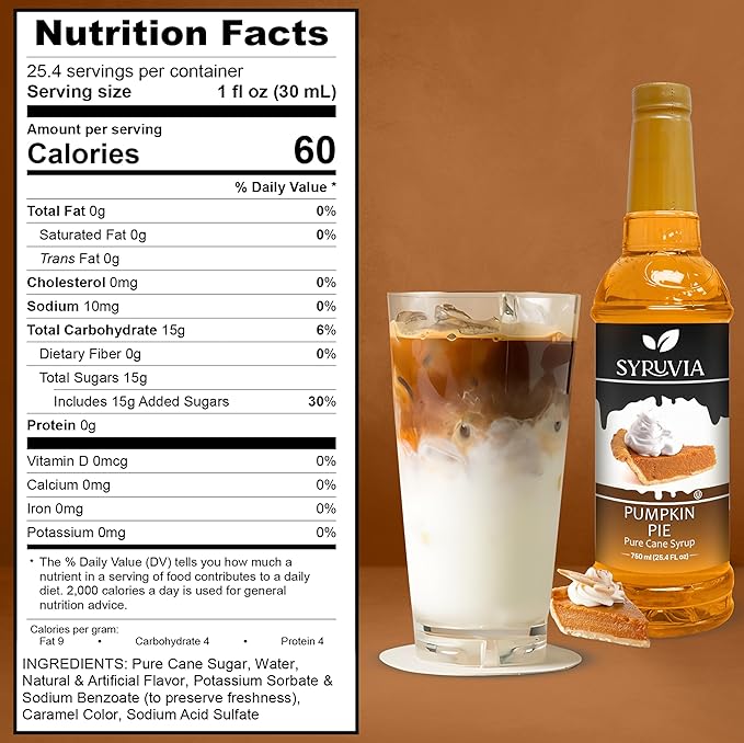Syruvia Pumpkin Pie Coffee Syrup, Flavored Syrup for Drinks, Lattes, and Desserts – 25.4 fl oz, With Pump
