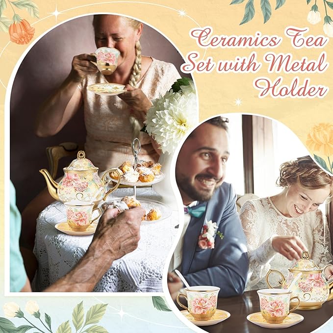 Zhehao 20 Pcs Porcelain Tea Set with Metal Holder and Spoon Adult Ceramic Tea Set European Flower Painting Teapot Cup Saucer Spoon for Women, Large Version(Gorgeous Style)