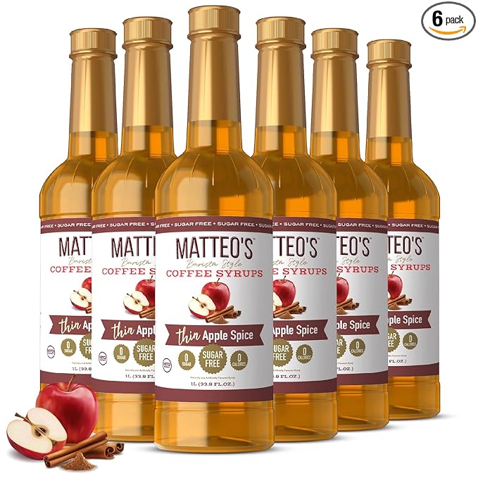 Matteo's Apple Spice Syrup for Coffee, Lattes, Cappuccinos & Desserts – Sugar-Free Sweetener for Beverages, Keto Friendly, Zero Calories, Indulgent Flavor, Non-Alcoholic, Ideal for Coffee 33.8oz (6pk)