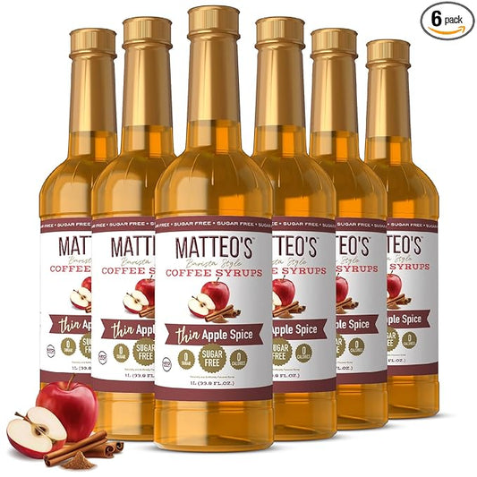 Matteo's Apple Spice Syrup for Coffee, Lattes, Cappuccinos & Desserts – Sugar-Free Sweetener for Beverages, Keto Friendly, Zero Calories, Indulgent Flavor, Non-Alcoholic, Ideal for Coffee 33.8oz (6pk)