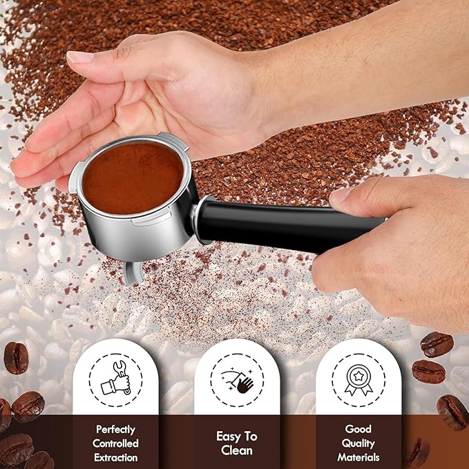 51mm Coffee Espresso Portafilter/Espresso Machine Holder, 3 ears, Double Spouts, with Single + Double Filter Baskets, Black Handle, Stainless Steel Filter Cup Holder