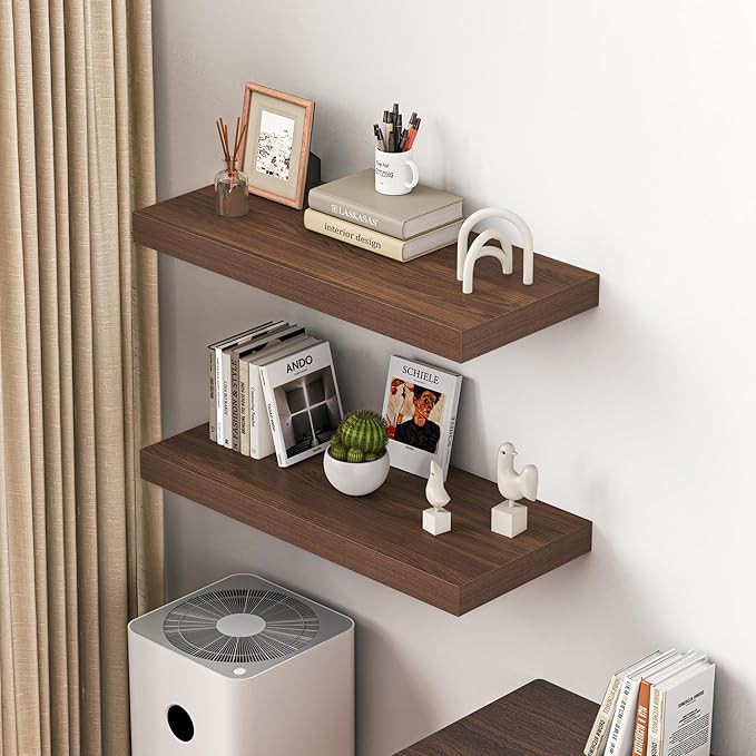 Dreamland 32" Floating Shelves for Wall, 12" Deep Thicker Walnut Floating Shelves, Wall-Mounted Shelves for Bedroom, Living Room, Kitchen, Bathroom - Set of 2
