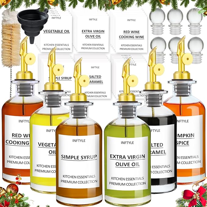 INFTYLE Olive Oil Dispenser Bottle Glass Coffee Syrup Bottles Set of 6 Cooking Oil bottles for kitchen, with Pourer Spout, Sealing Stopper, Labels, Funnel, Cleaning Brush (12 oz)