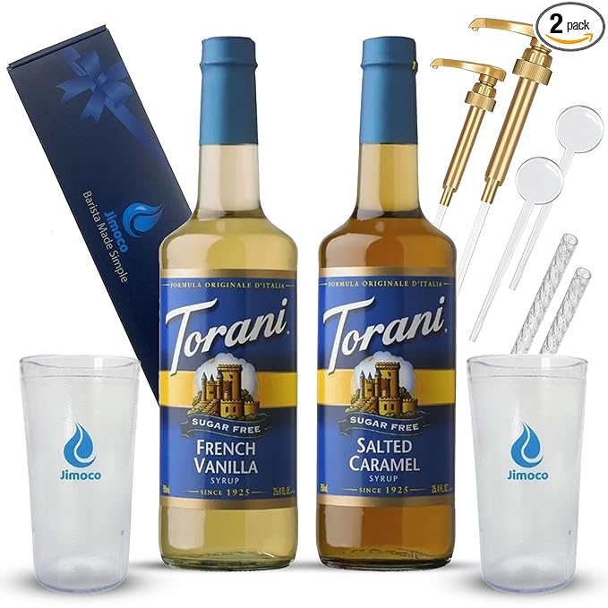 Jimoco Barista Set – Torani Sugar Free Salted Caramel & French Vanilla Syrups (25.4 oz Each) with 2 Jimoco Syrup Pumps, Reusable Cups, Straws & Stirrers – Coffee, Italian Soda & Cocktail Flavoring Kit