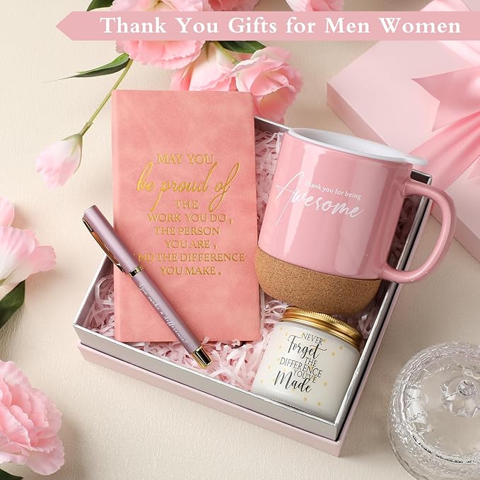 4 Pcs Thank You Gift Set for Women Men Coworker Employee Inspirational Appreciation Gifts Notebook Coffee Mug Scented Candle Pen for Valentine's Day Team Office Staff Teacher Nurse(Pink)
