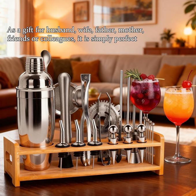 JUSTDOMI 26-Piece Cocktail Shaker Set with Stand Stainless Steel Bartender Kit, Bar Tool Set Bartender Accessories, Cocktails Kit with Muddler for Bar Accessories, Home, Party Cafe Drinks-Style2