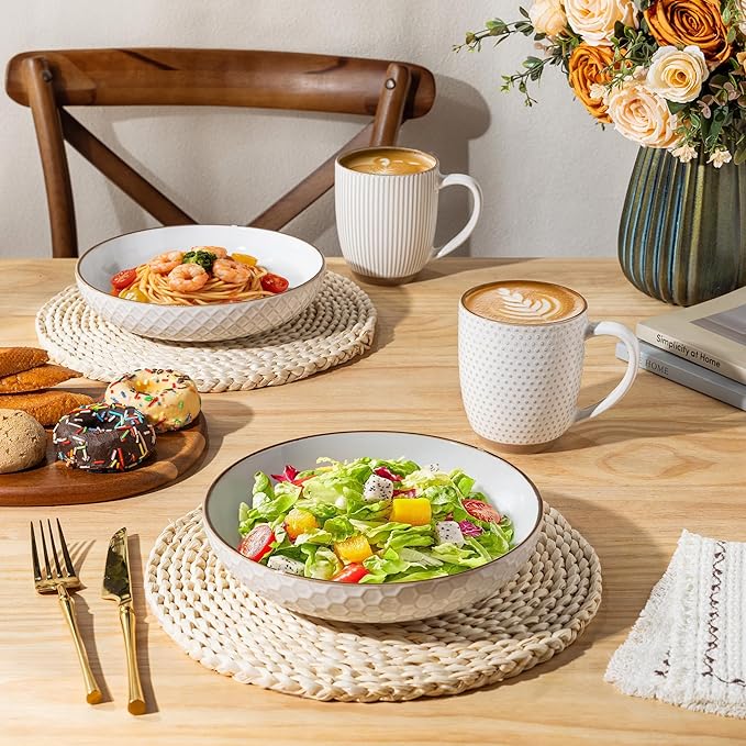 GBhome Large Coffee Mugs Set of 4, 16oz Handmade Embossed Coffee Mugs Set with Large Handle for Cappuccino/Latte/Tea/Hot Cocoa, Dishwasher & Microwave Safe, Off White