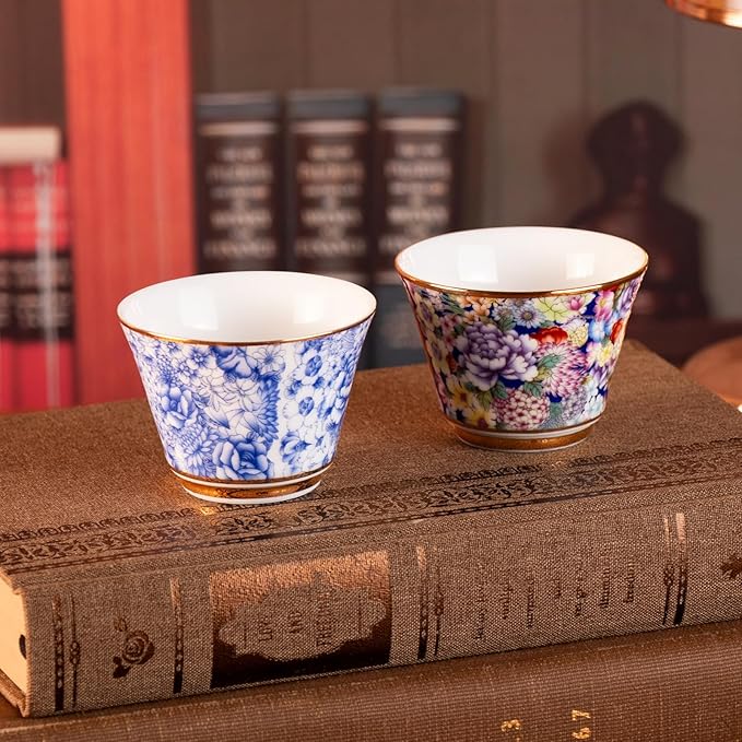 KAMMAK Ceramic Teacups - 65ml/2oz Coffee Cup - Set of 2 Hand-Painted Ceramic Cups - Small Vintage Mate Cup - Cute Mugs for Women - Ideal for Birthday, Afternoon Tea & Housewarming Gifts