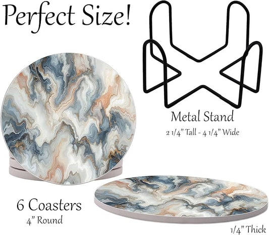 White Agate Marble Round Coasters Set of 6 - Abosrbent Ceramic Coasters with Metal Stand for Drinks, Coffee, Non-Slip Cork Back for Tabletop Protection, 4 Inches Marbled Pattern (Light Colored Veins)