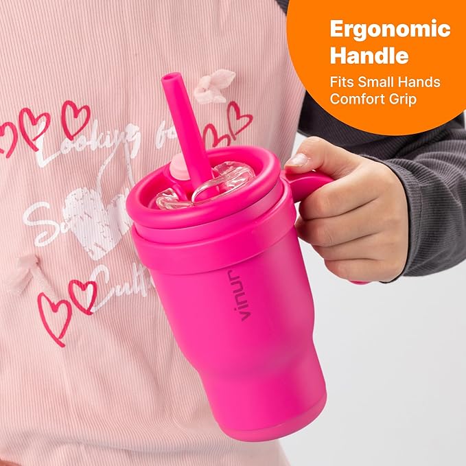 VINUR 14 oz Kids Tumbler with Handle Stainless Steel Double Wall Vacuum Insulated Tumbler Travel Water Drink Cup with Lid and Straw(Rose Pink)