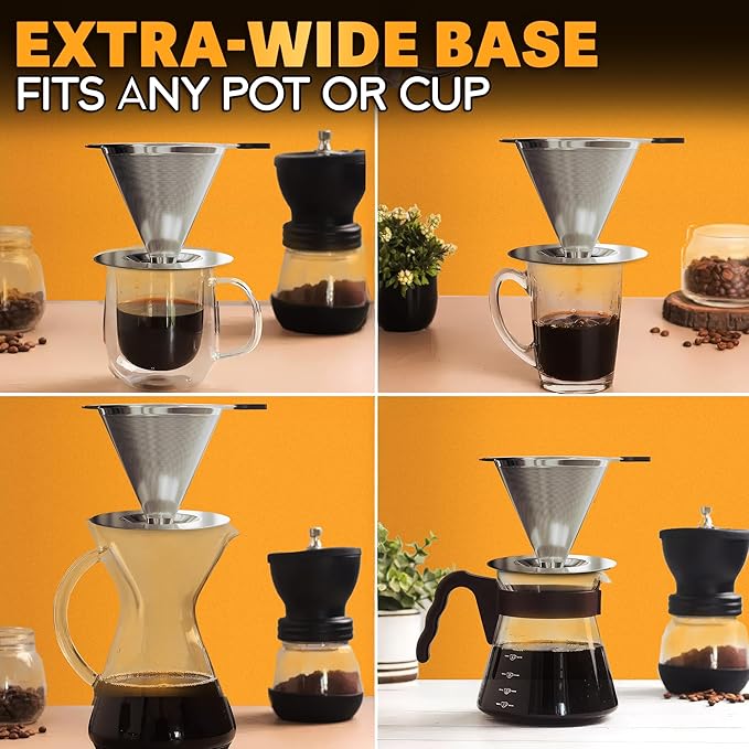 LEGLO Stainless Steel Pour Over Coffee Maker - 3.18x4.48 Pour Over Coffee Dripper with Wide Secure Base, Large Plastic Handle, and Brush for Easy Cleaning – Ensures Well-Balanced, Clean Flavor
