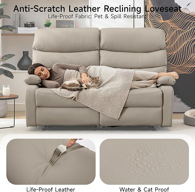 Reclining Loveseat, Anti-Scratch Leather Double Recliner Sofa with Side Pocket, Wall Hugger Loveseat Recliner for Living Room, RV, Home Theater(Beige)