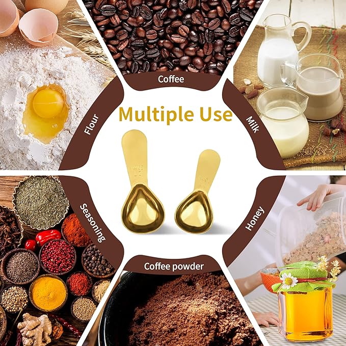 2 Pieces Stainless Steel Coffee Scoops Set(1 Tbsp,2 Tbsp) Durable Coffee Spoons with Ergonomic Handle Measuring Tablespoon for Canisters Tea Sugar Ground Coffee Whole Bean Milk Powder Flour (Golden)