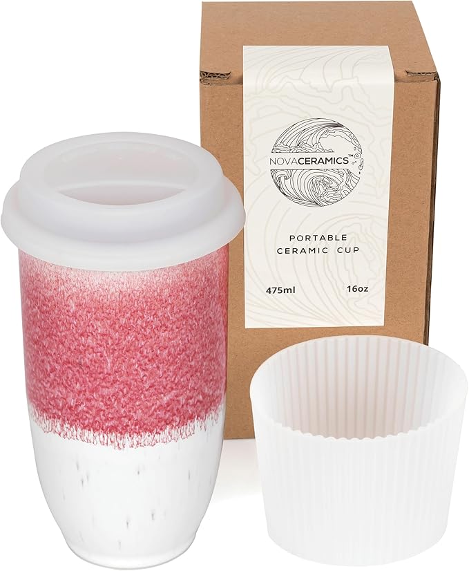 NOVA CERAMICS Coffee Travel Mug - Coffee Travel Cup – Microwave & Dishwasher Safe Coffee Pink Tumbler - Gifts For Women Men Him Her – 16oz – Coral Pink