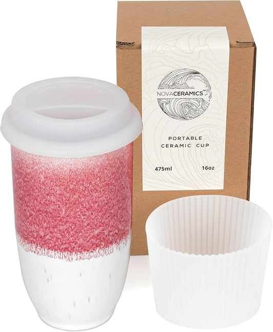 NOVA CERAMICS Coffee Travel Mug - Coffee Travel Cup – Microwave & Dishwasher Safe Coffee Pink Tumbler - Gifts For Women Men Him Her – 16oz – Coral Pink