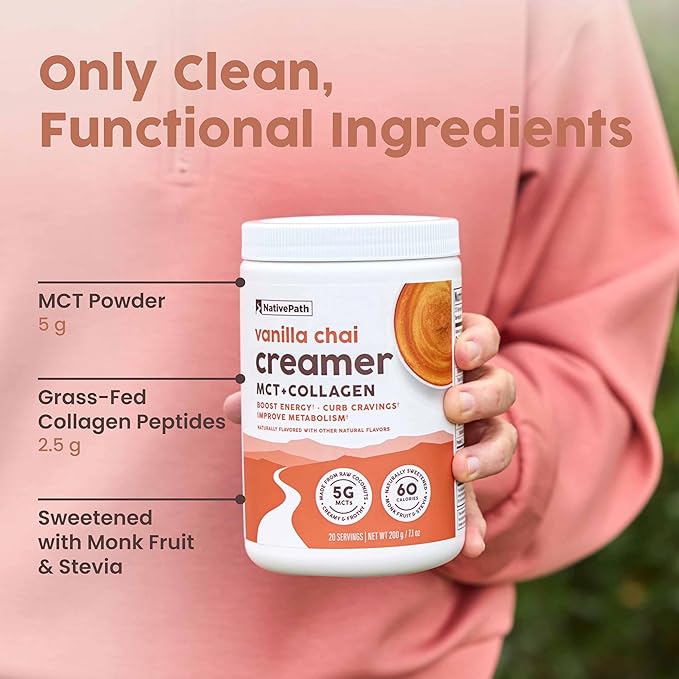 NativePath Vanilla Chai Keto Coffee Creamer, 30 Servings - MCT Oil & Collagen Protein, Sugar Free, Non-Dairy - Grass-Fed, Monk Fruit Sweetened (7.1 oz)