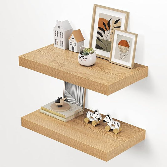 Dreamland 24" Floating Shelves for Wall, 12" Deep Thicker Oak Floating Shelves, Wall-Mounted Shelves for Bedroom, Living Room, Kitchen, Bathroom - Set of 2