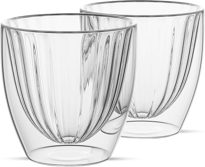 Elle Decor Ribbed Double Wall Coffee Cups, Set of 2 – 8 Oz Insulated Clear Glass Mugs for Espresso, Cappuccino, Latte & Tea, Heat Resistant Ribbed Design, Borosilicate Glass