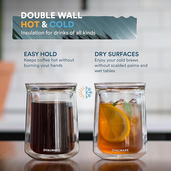ovalware Double Wall Single Lip Insulated Glass Cup, Set of 4 (12oz / 350ml) - Borosilicate Glass For Coffee, Tea, Whiskey, Cocktails & All Beverages - Minimalistic & Durable Double-Wall Drinking Mug