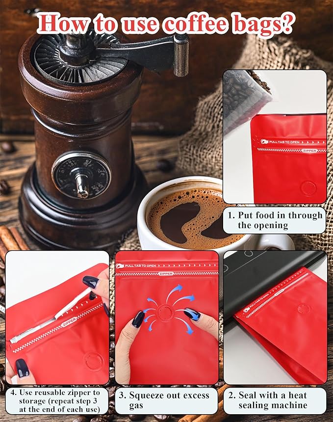 12mil Stand Up Coffee Bags, Flat Bottom Pouch with one-way Air Release Valve and Reusable Side Zipper(Red, 200PCS-Large-2.2lb/32oz/1kg)