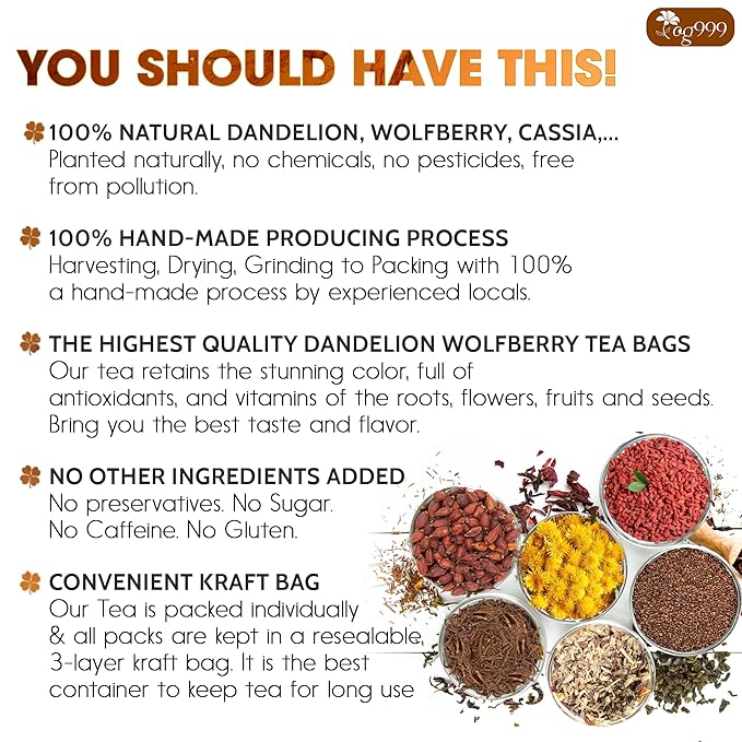 TOG999, Organic Dandelion Wolfberry Tea, 9 Herbal Ingredients, Traditional Recipe Tea for Kidney & Liver, Natural Dandelion, Wolfberry, Gardenia, Cassia Seed, Chrysanthemum, Licorice, Orange Peel