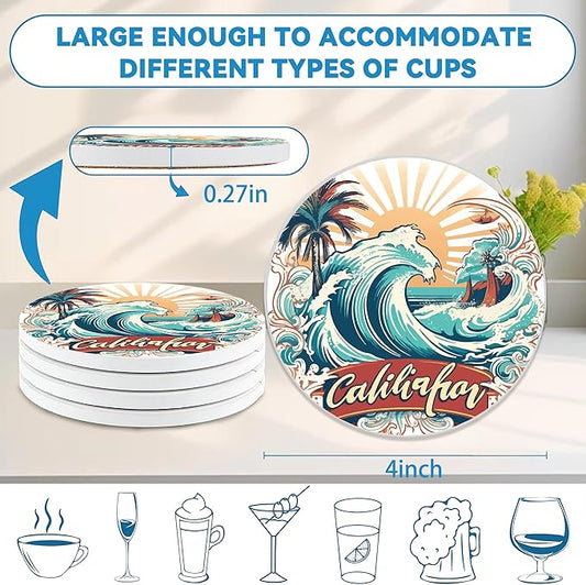 Drinks Coasters Set of 4, California Beach Round 4" Cup Coasters, Absorbent Ceramic Stone Coasters with Cork Base, Cute Coasters for Table Home Décor, Ideal Gifts for Women Men