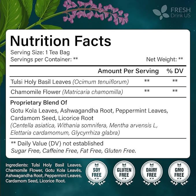 FreshDrinkUS, Tulsi Sleep Tea Bags | 75 Tea Bags | Herbal Blend with Tulsi Holy Basil, Chamomile, Gotu Kola, Ashwagandha & Peppermint | Naturally Caffeine-Free, Relaxing Evening Herbal Tea. Vegan