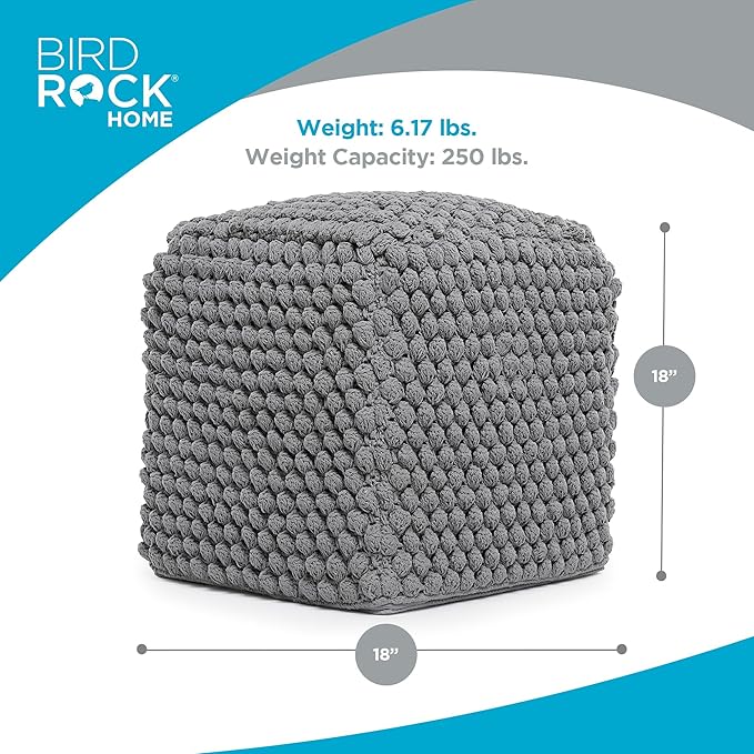 BIRDROCK HOME Buds Pouf Foot Stool Ottoman - Knit Bean Bag Floor Chair - Cotton Braided Cord - Great for The Living Room, Bedroom and Kids Room - Small Furniture (Grey - Buds)