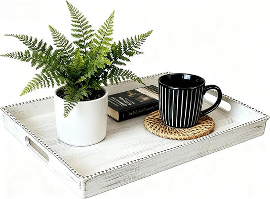 Zosenley Decorative Tray, Rectangular Plastic Tray with Handles, Modern Vanity Tray and Serving Tray for Bathroom, Kitchen, Ottoman and Coffee Table, 15.6” x 10.2” (Retro White)
