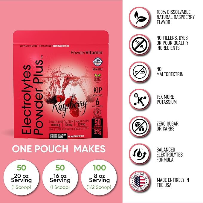 PowderVitamin Electrolytes Powder Plus (50 Servings) Raspberry Electrolyte Powder Zero Calorie Keto, 0 Sugar, No Maltodextrin,1000mg Potassium,120mg Calcium,120mg Magnesium, Hydration Powder